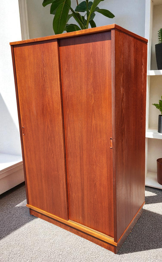 REFINISHED Danish Mid Century Modern Teak Wardrobe w Sliding Doors