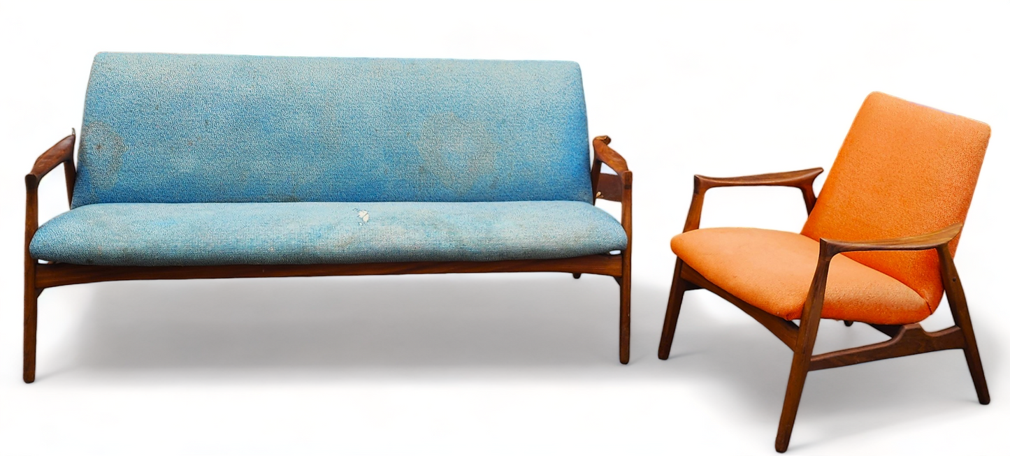 Will be REFINISHED REUPHOLSTERED Danish MCM Teak Sofa & Lounge Chair by Arne Hovmand-Olsen