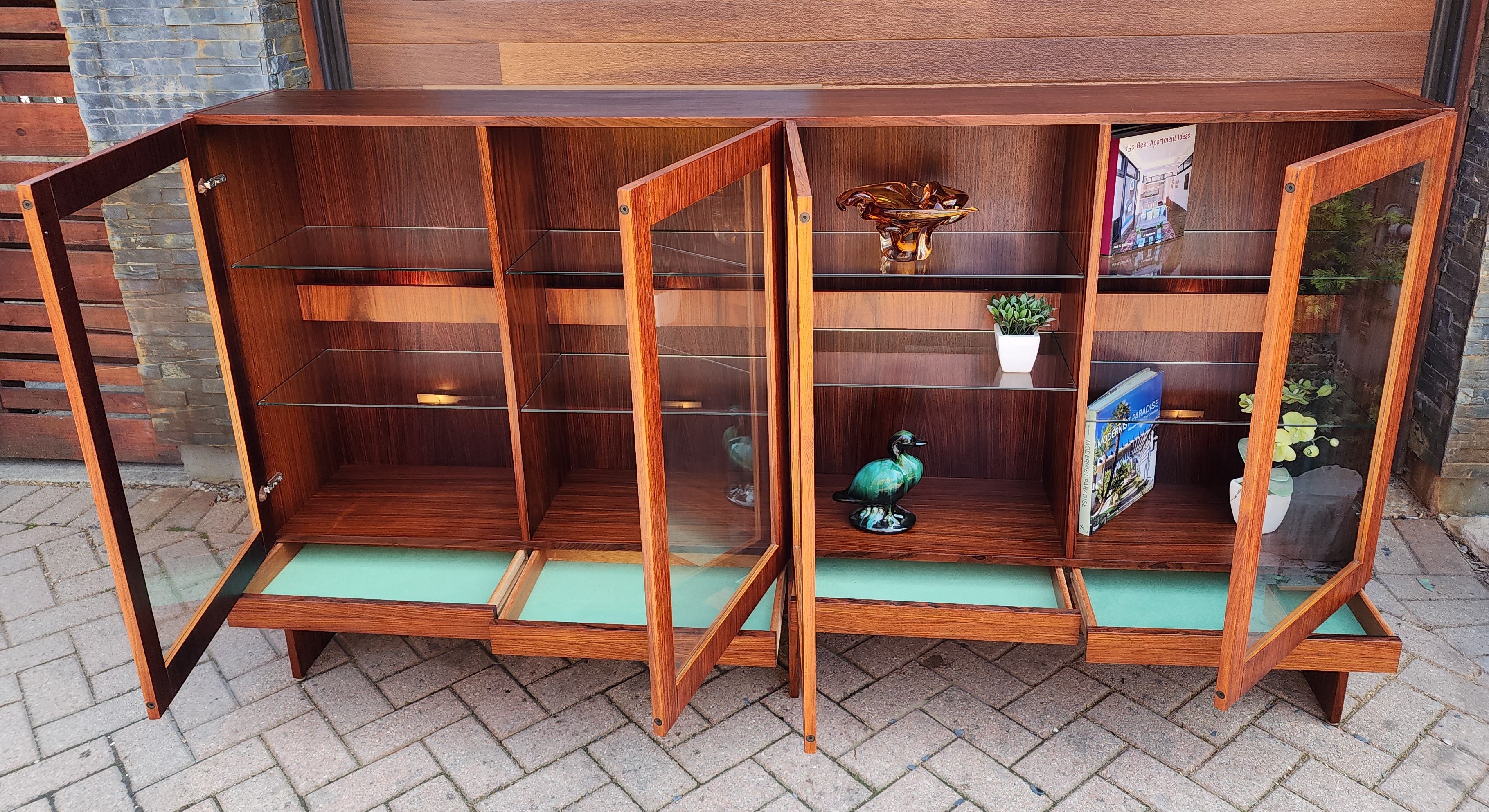RESTORED Danish Mid Century Modern Rosewood Bookcase Display w Lightin ...