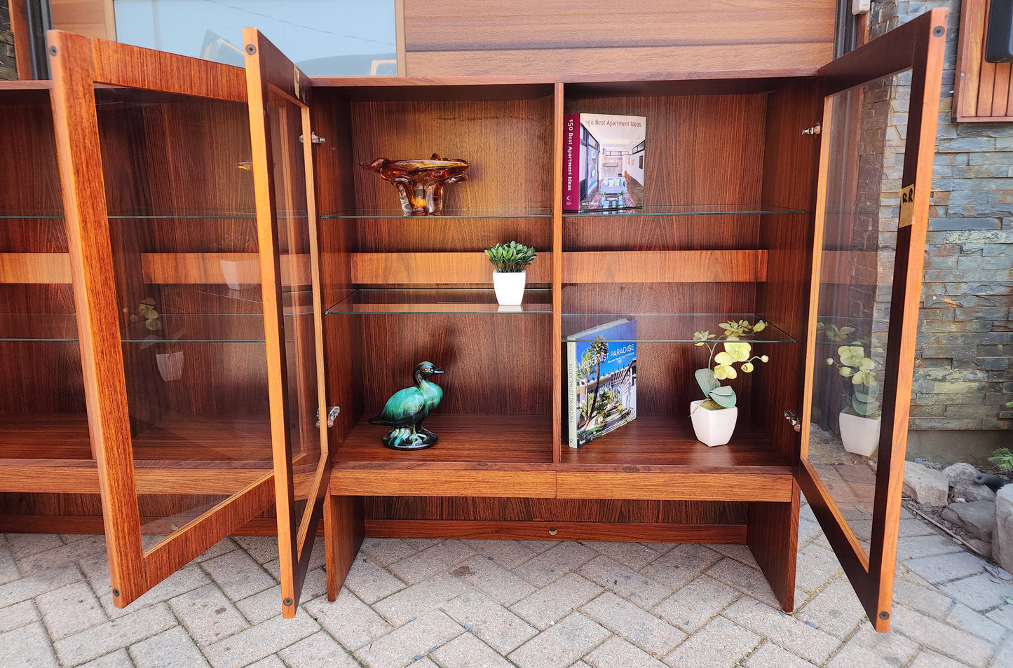 RESTORED Danish Mid Century Modern Rosewood Bookcase Display w Lighting