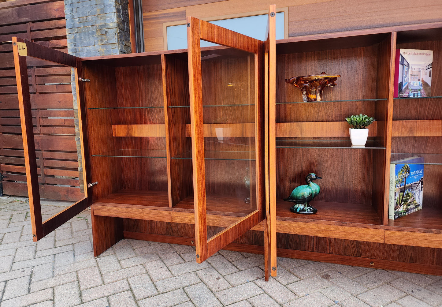 RESTORED Danish Mid Century Modern Rosewood Bookcase Display w Lighting