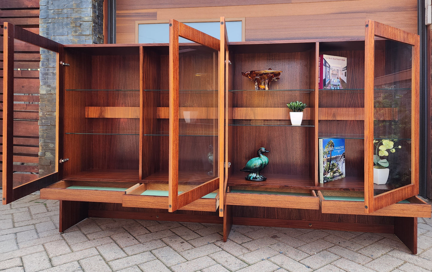 RESTORED Danish Mid Century Modern Rosewood Bookcase Display w Lighting