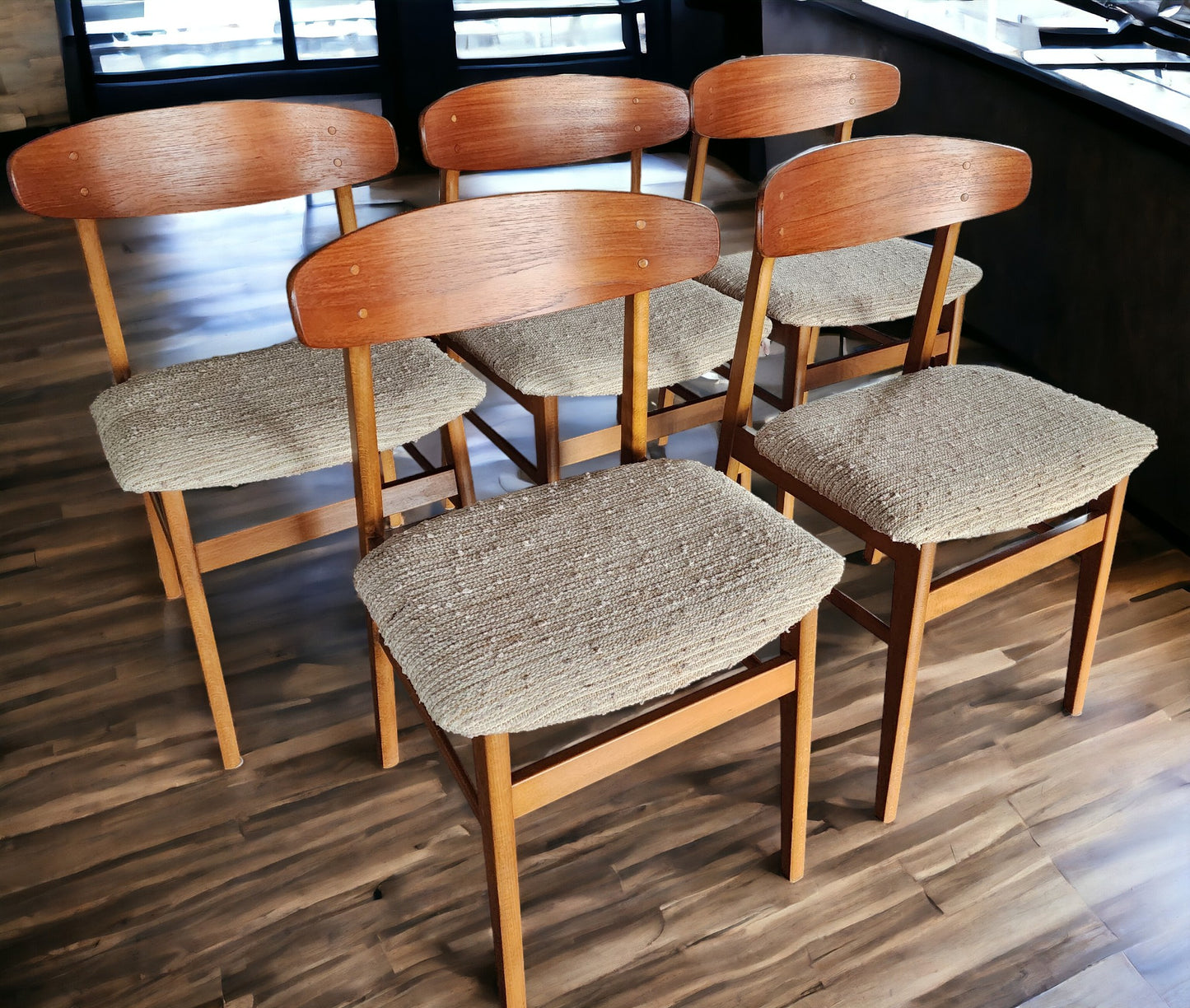 5 RESTORED Danish Mid Century Modern Teak & Beech Chairs REUPHOLSTERED