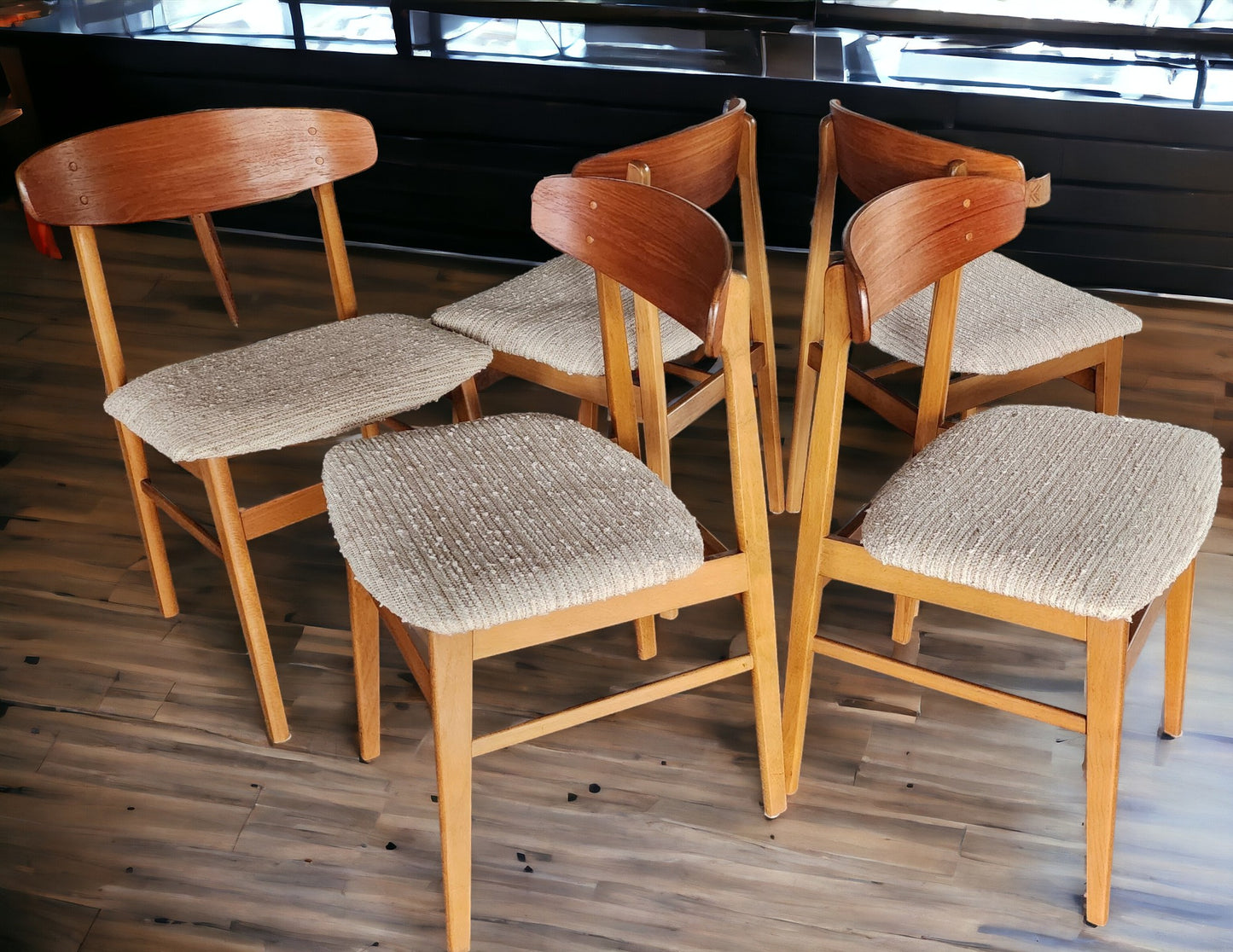 5 RESTORED Danish Mid Century Modern Teak & Beech Chairs REUPHOLSTERED
