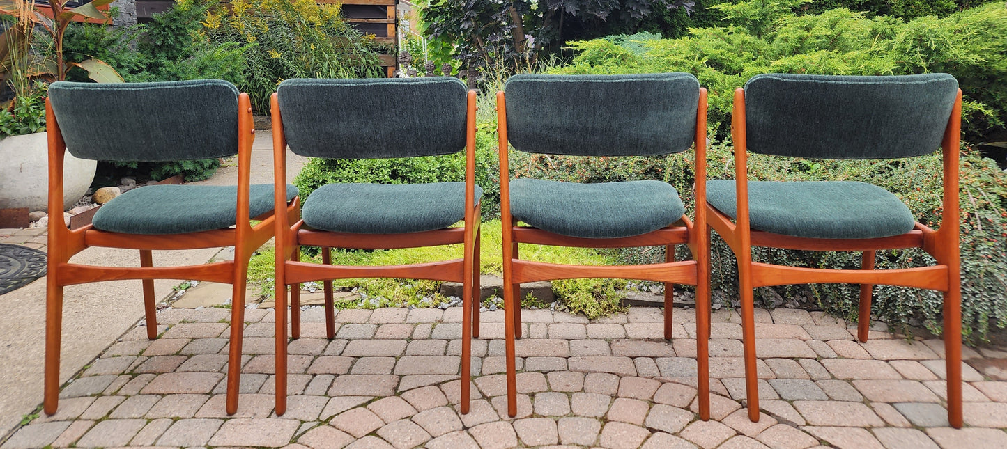 4 RESTORED REUPHOLSTERED in mohair Mid Century Modern teak chairs by Erik Buch, model 49
