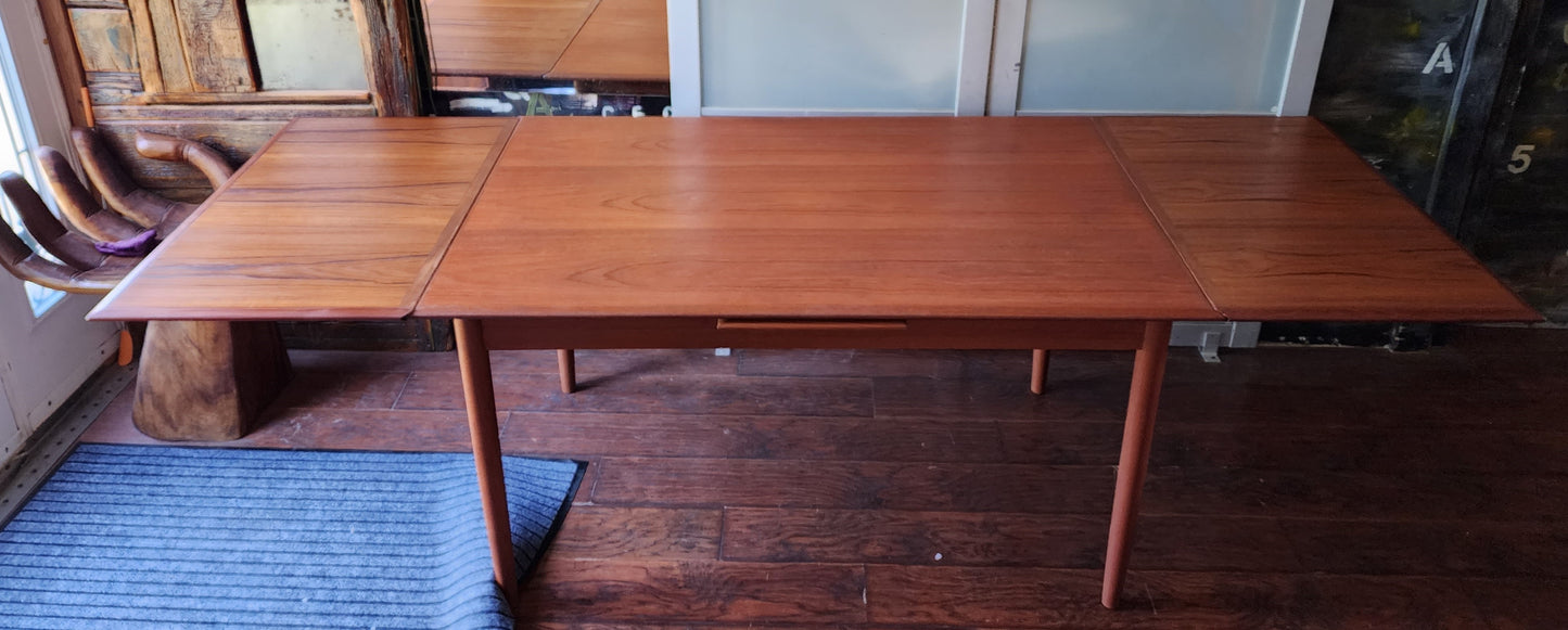 REFINISHED Danish Mid Century Modern Teak Table Draw Leaf, 54"- 96"