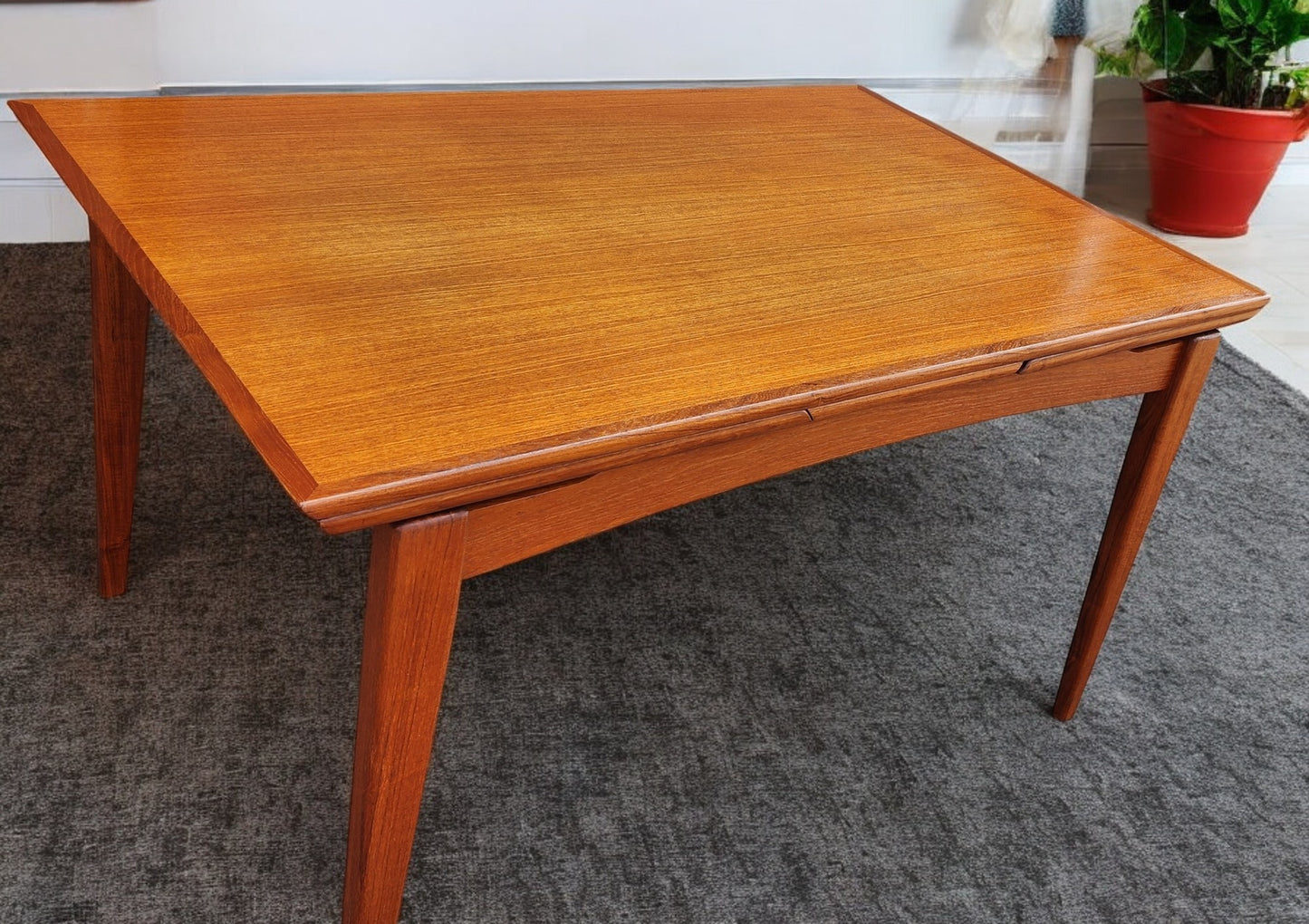 REFINISHED Danish Mid Century Modern Teak Floating Draw Leaf Dining Table 52"-90"