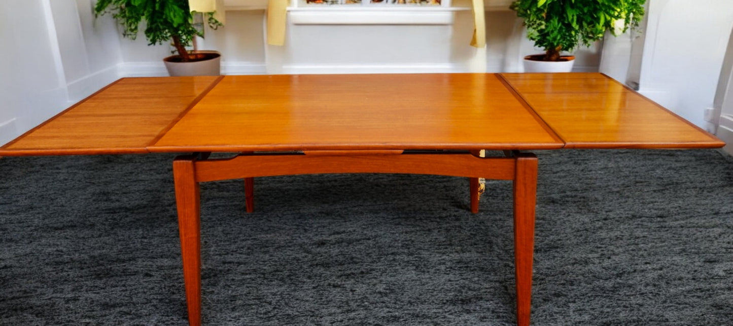 REFINISHED Danish Mid Century Modern Teak Floating Draw Leaf Dining Table 52"-90"
