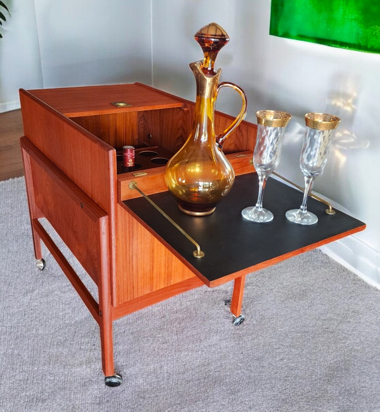REFINISHED Danish Mid Century Modern Teak Folding Bar Cabinet by A.Hansen
