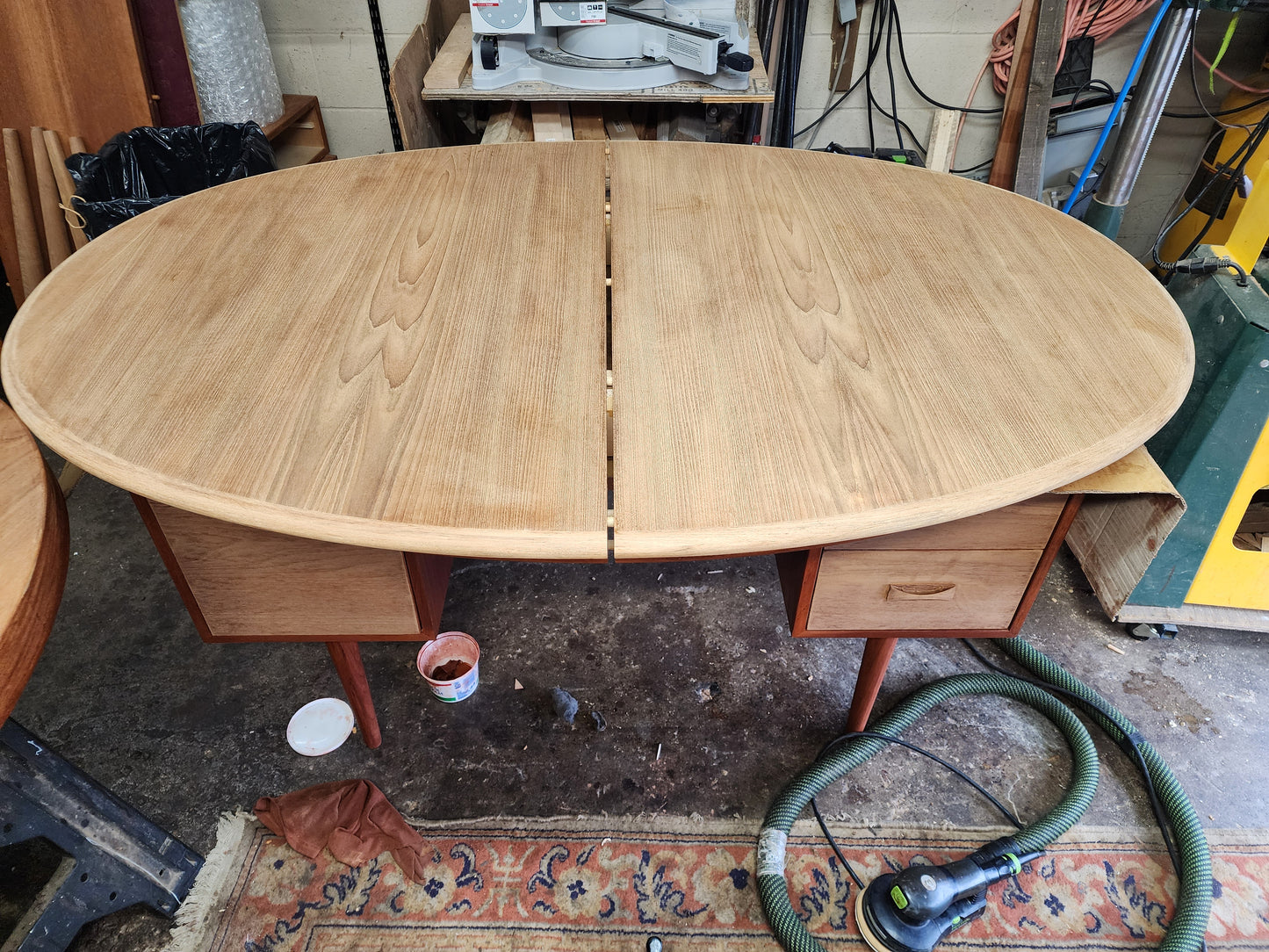 REFINISHED Danish Mid Century Modern Teak Table Oval w 2 leaves 59"-97" by GUDME