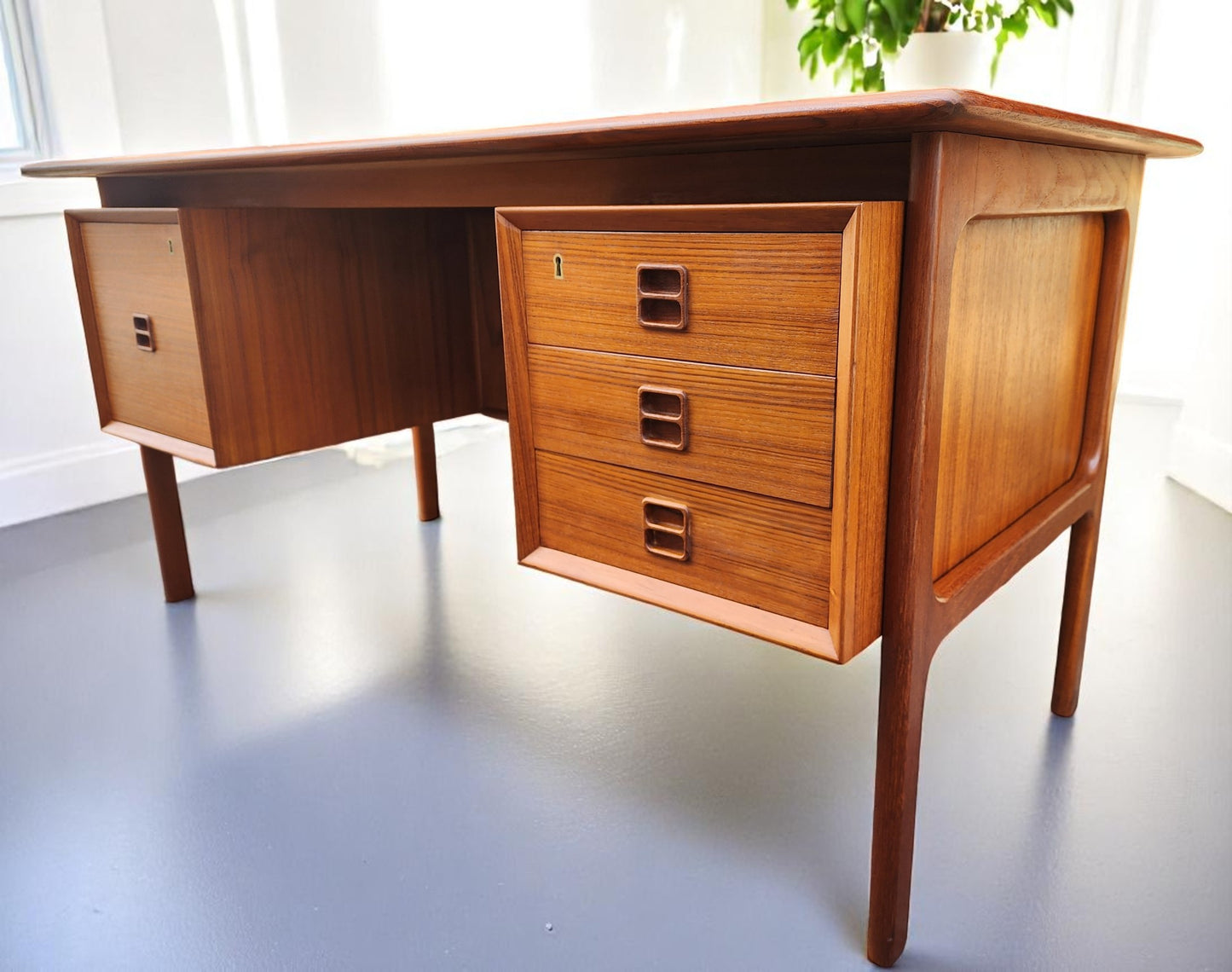 REFINISHED Danish Mid Century Modern Teak Desk w Bookcase Back by Arne Vodder