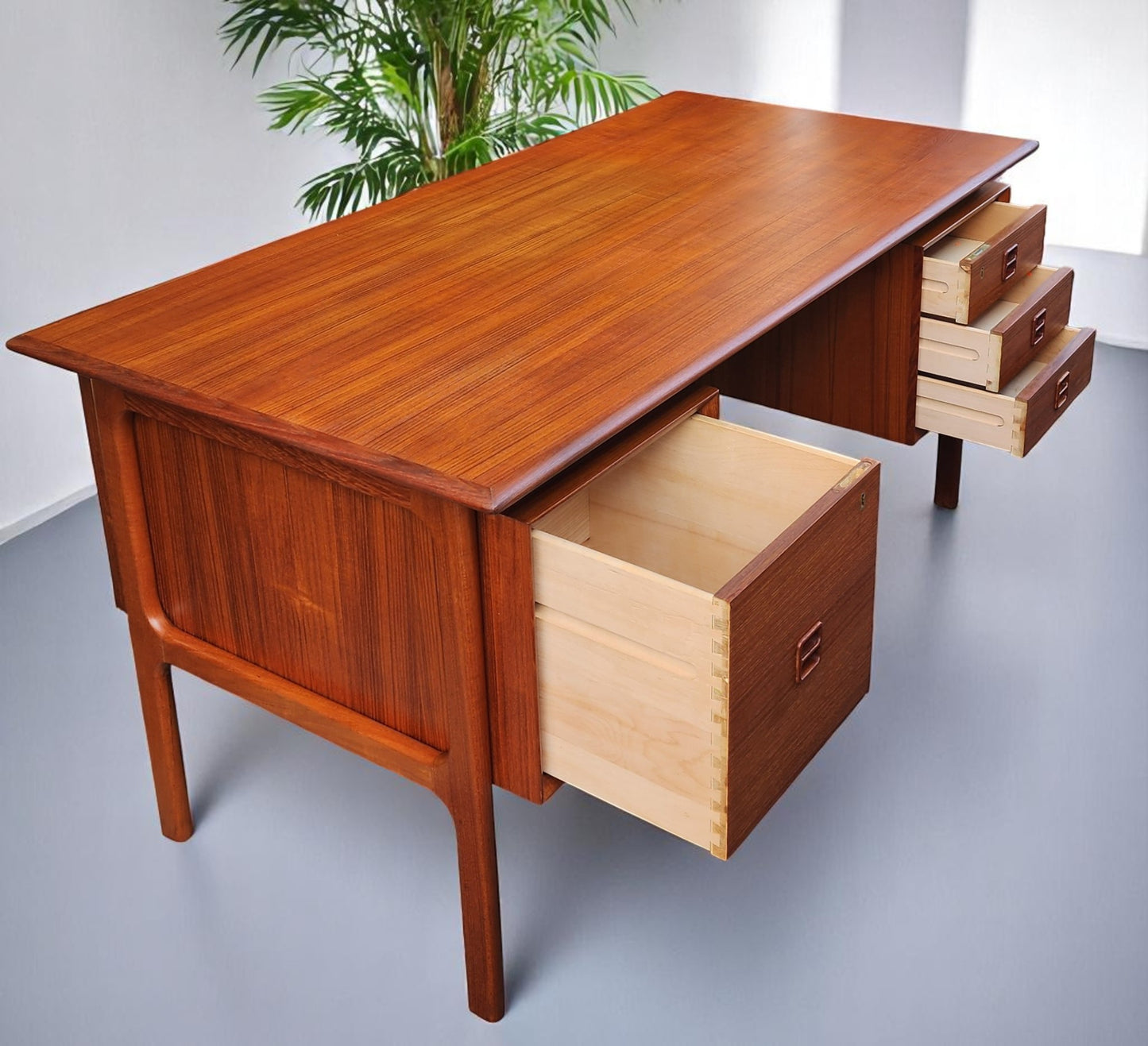 REFINISHED Danish Mid Century Modern Teak Desk w Bookcase Back by Arne Vodder