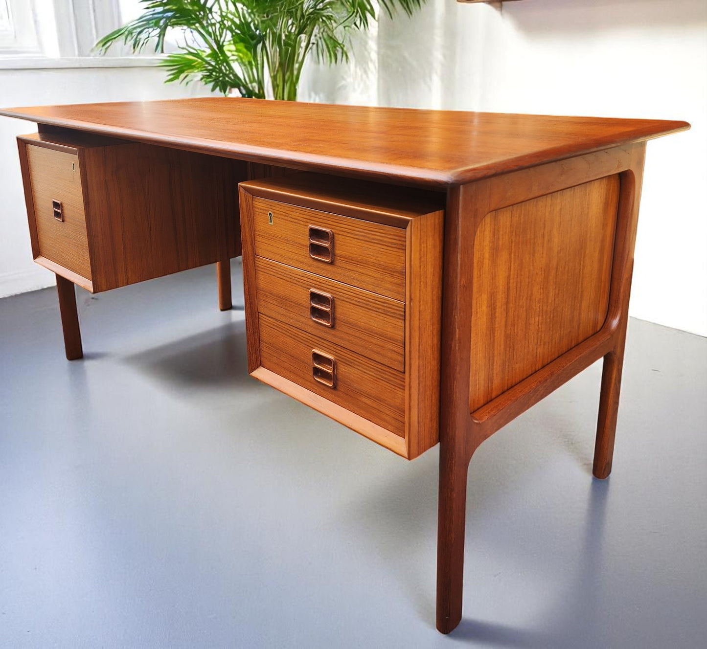REFINISHED Danish Mid Century Modern Teak Desk w Bookcase Back by Arne Vodder