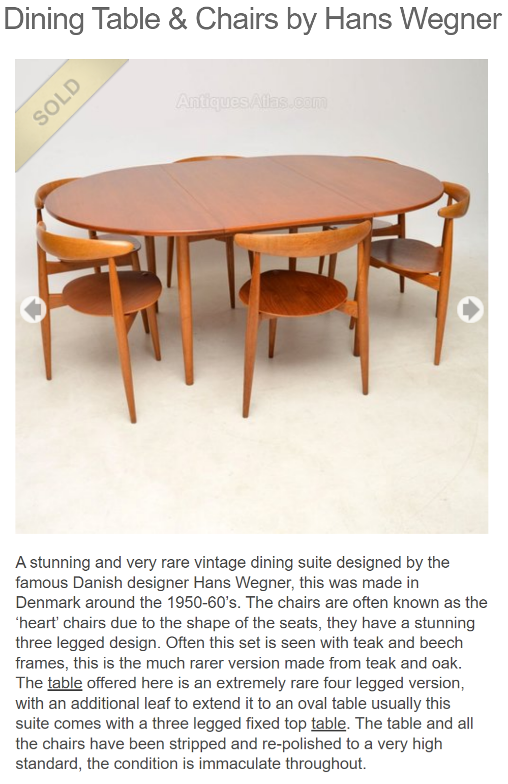RESTORED Mid Century Modern teak "Heart" set of expansion table & 6 chairs by Hans J Wegner