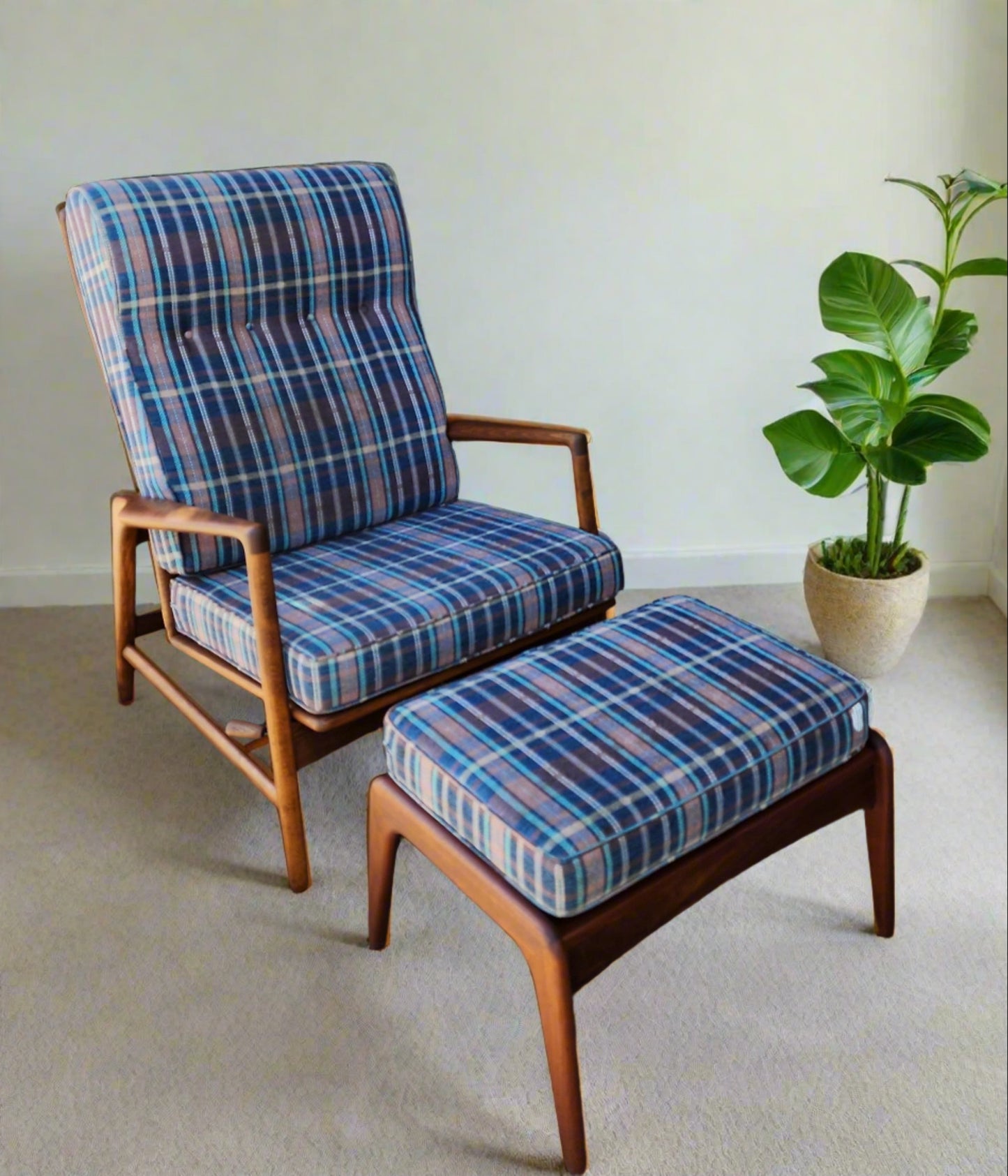 REFINISHED Danish MCM Walnut Lounge Chair Recliner & Ottoman by Ib Kofod Larsen for Selig