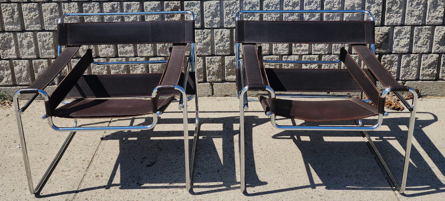 2 vintage Mid Century Modern Wassily chairs by Marcel Breuer for Knoll in brown leather