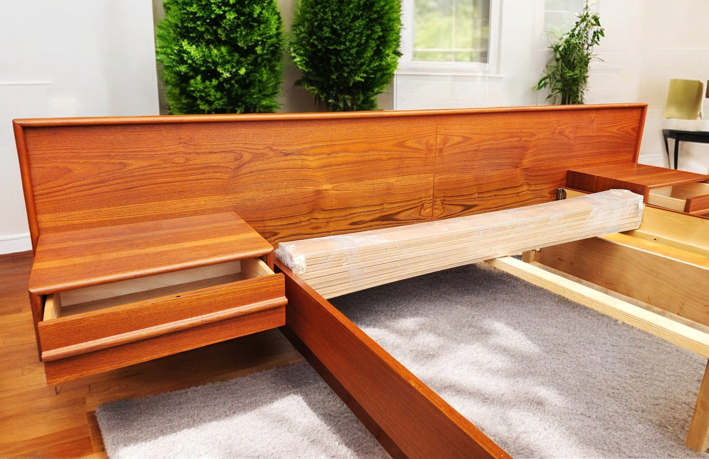 REFINISHED Mid Century Modern Teak Bed w Floating Nightstands Queen