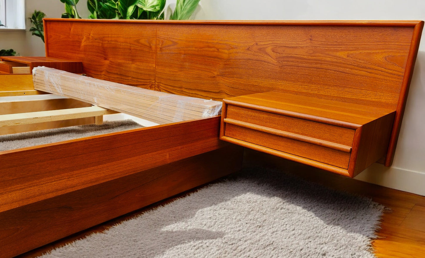 REFINISHED Mid Century Modern Teak Bed w Floating Nightstands Queen