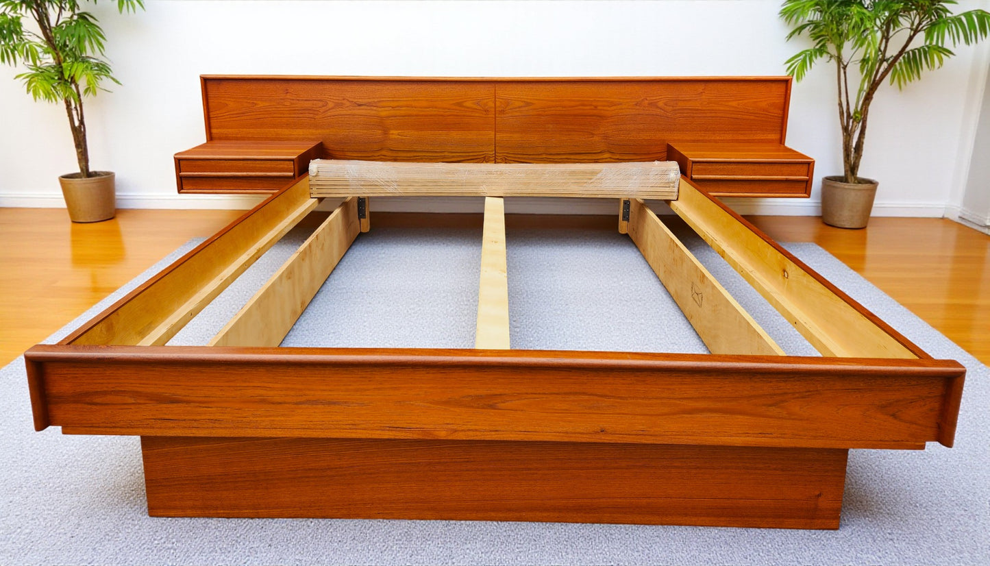 REFINISHED Mid Century Modern Teak Bed w Floating Nightstands Queen