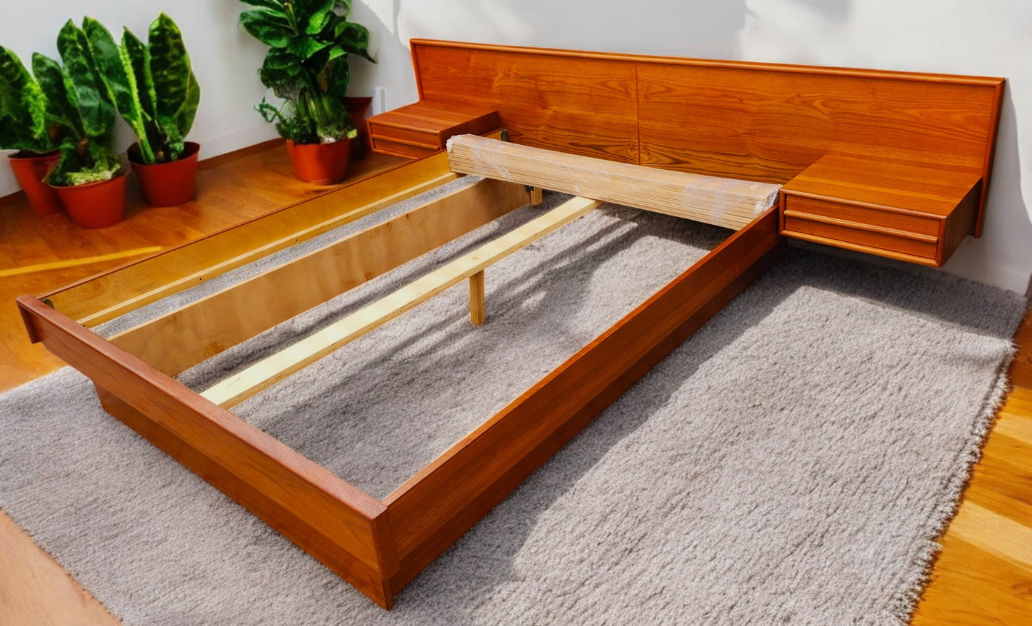 REFINISHED Mid Century Modern Teak Bed w Floating Nightstands Queen