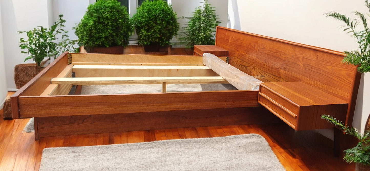 REFINISHED Mid Century Modern Teak Bed w Floating Nightstands Queen