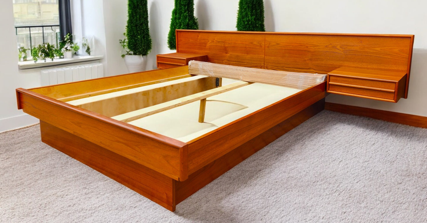 REFINISHED Mid Century Modern Teak Bed w Floating Nightstands Queen