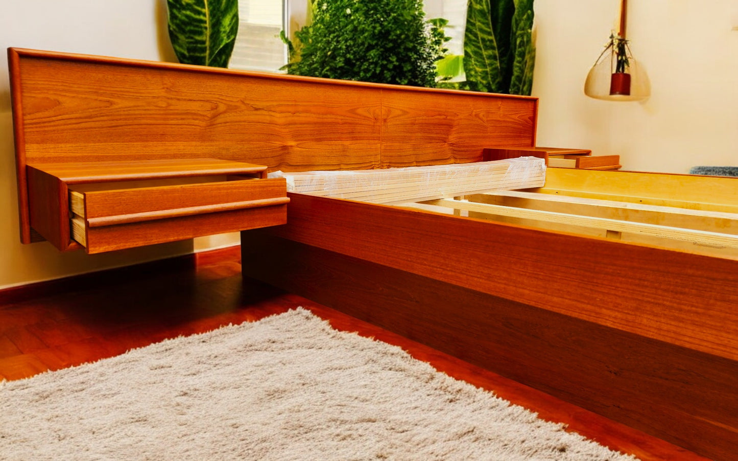 REFINISHED Mid Century Modern Teak Bed w Floating Nightstands Queen