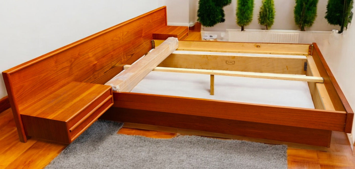 REFINISHED Mid Century Modern Teak Bed w Floating Nightstands Queen