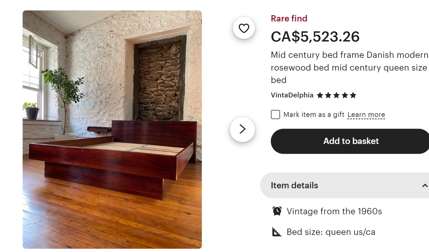 REFINISHED Mid Century Modern Rosewood Bed w Nightstands Queen