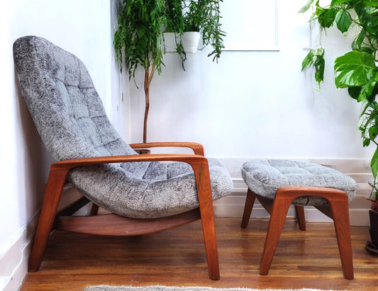 REFINISHED REUPHOLSTERED MCM Teak Scoop Lounge Chair & Ottoman by Huber