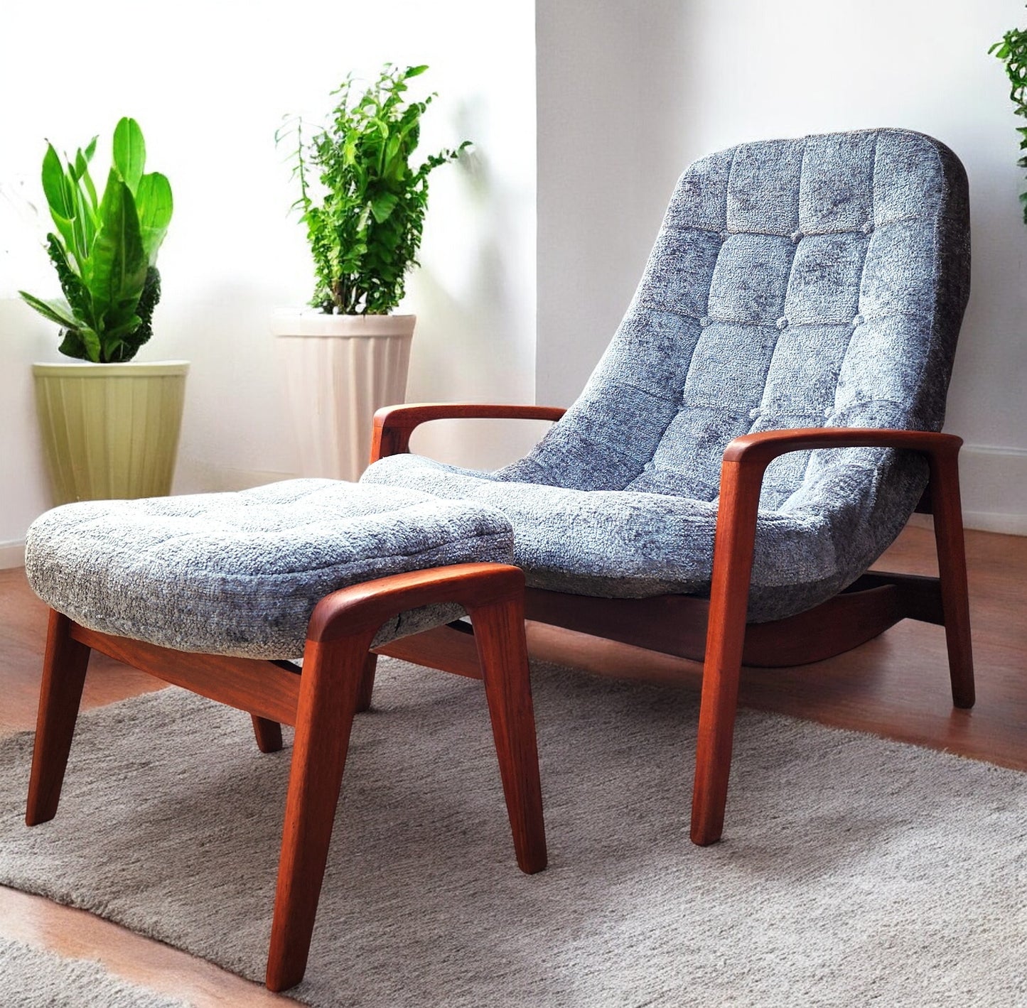 REFINISHED REUPHOLSTERED MCM Teak Scoop Lounge Chair & Ottoman by Huber