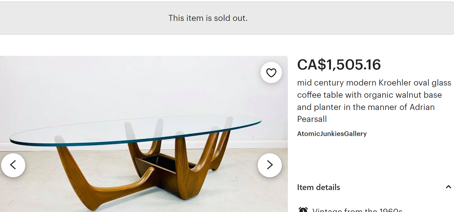 REFINISHED Mid-Century Modern Biomorphic Coffee Table by Kroehler, A.Pearsall style 60"
