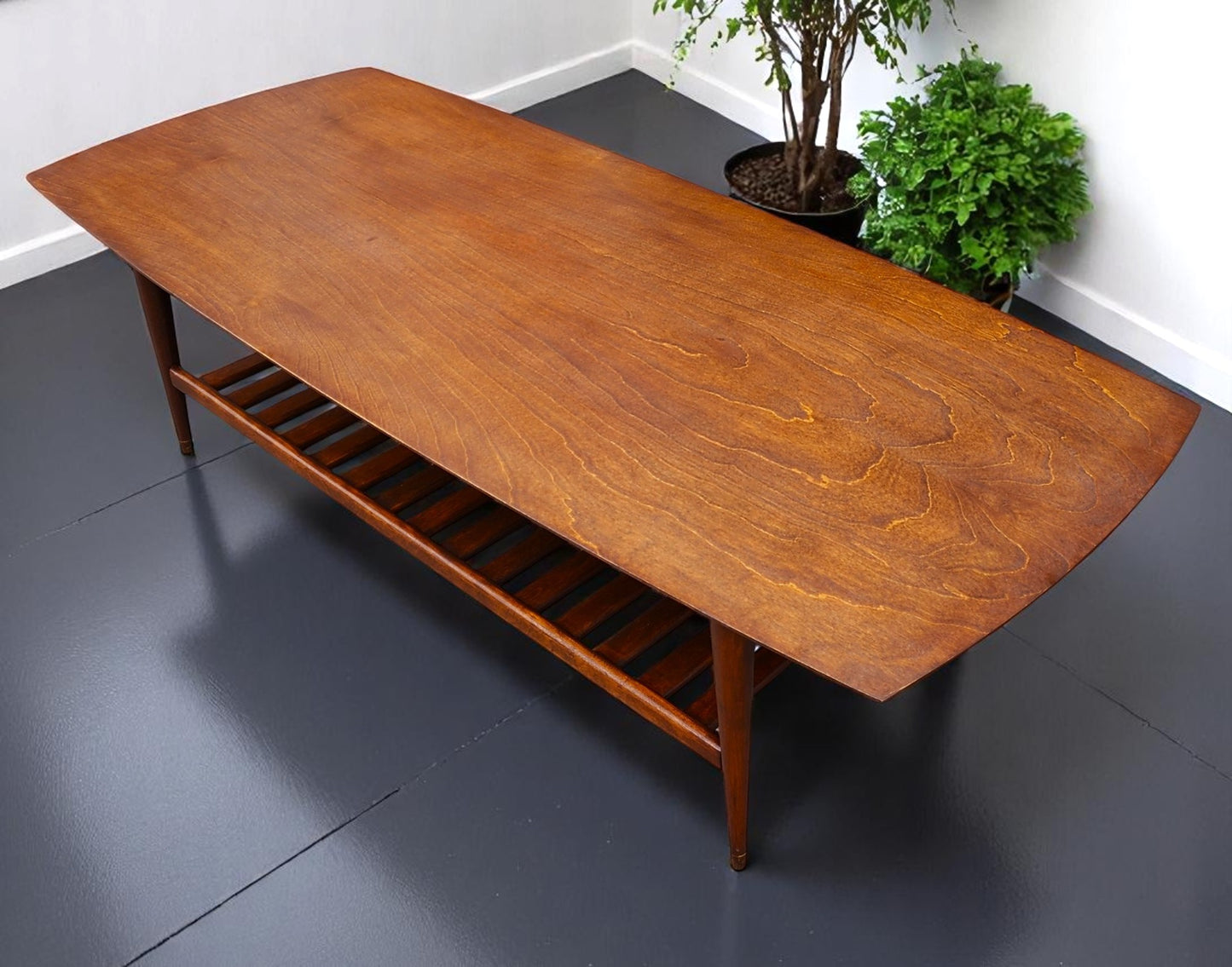 REFINISHED Mid Century Modern RUSPAN Surfboard Coffee Table w Shelf, 60"