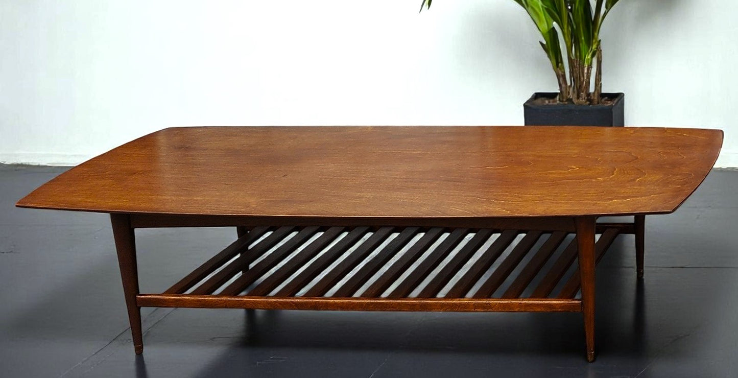 REFINISHED Mid Century Modern RUSPAN Surfboard Coffee Table w Shelf, 60"