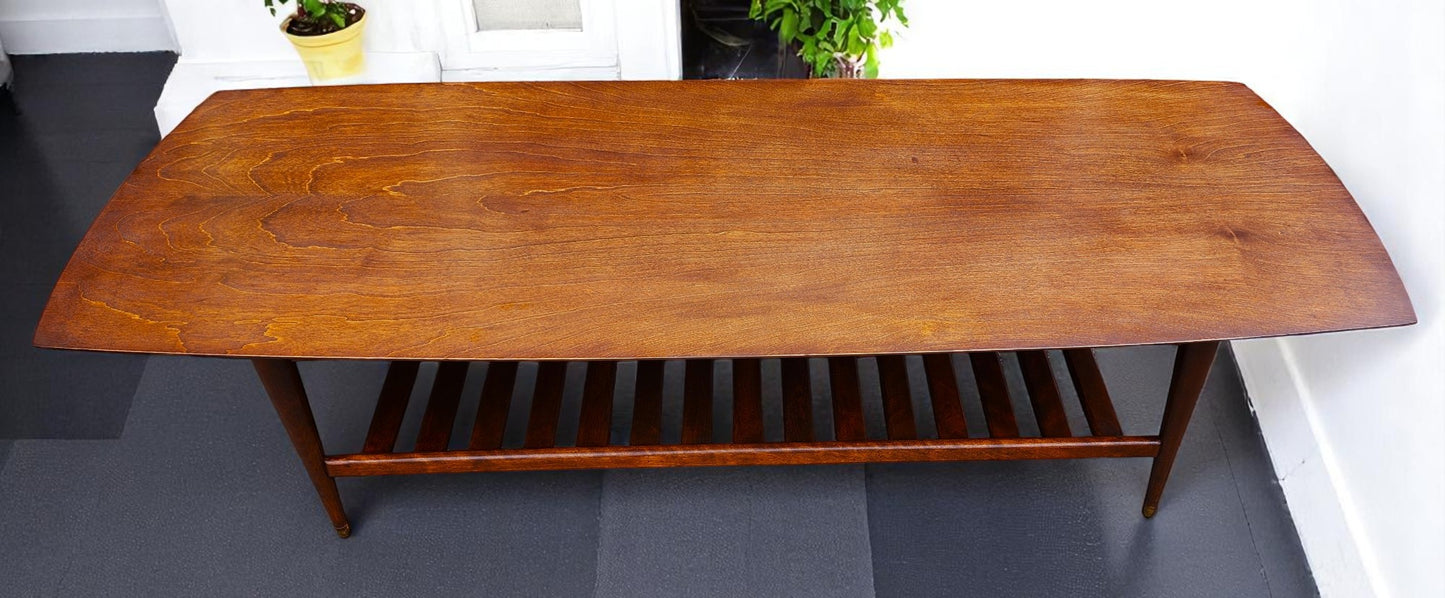 REFINISHED Mid Century Modern RUSPAN Surfboard Coffee Table w Shelf, 60"