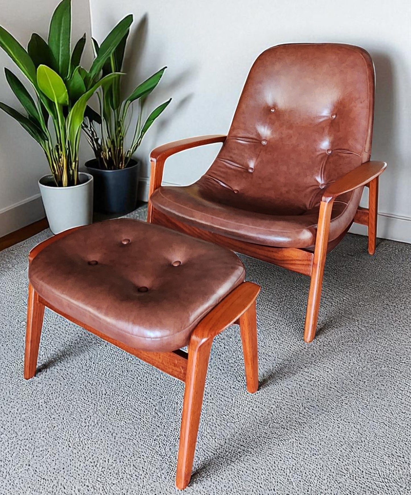 REFINISHED MCM Teak Scoop Lounge Chair & Ottoman by Huber