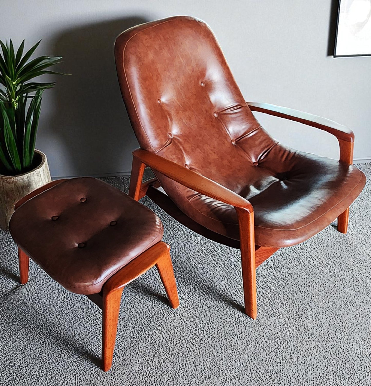 REFINISHED MCM Teak Scoop Lounge Chair & Ottoman by Huber
