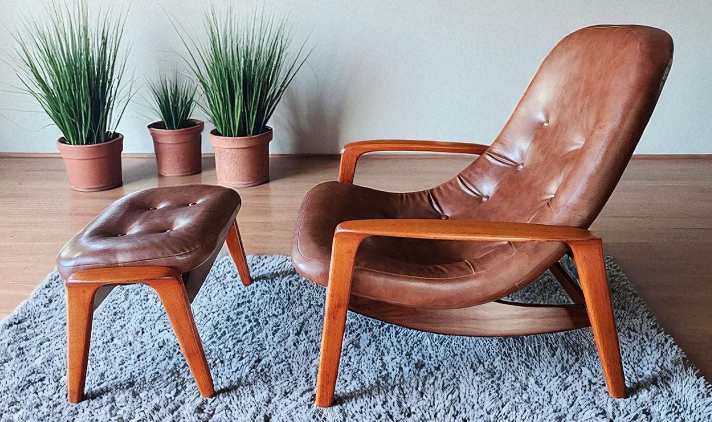 REFINISHED MCM Teak Scoop Lounge Chair & Ottoman by Huber