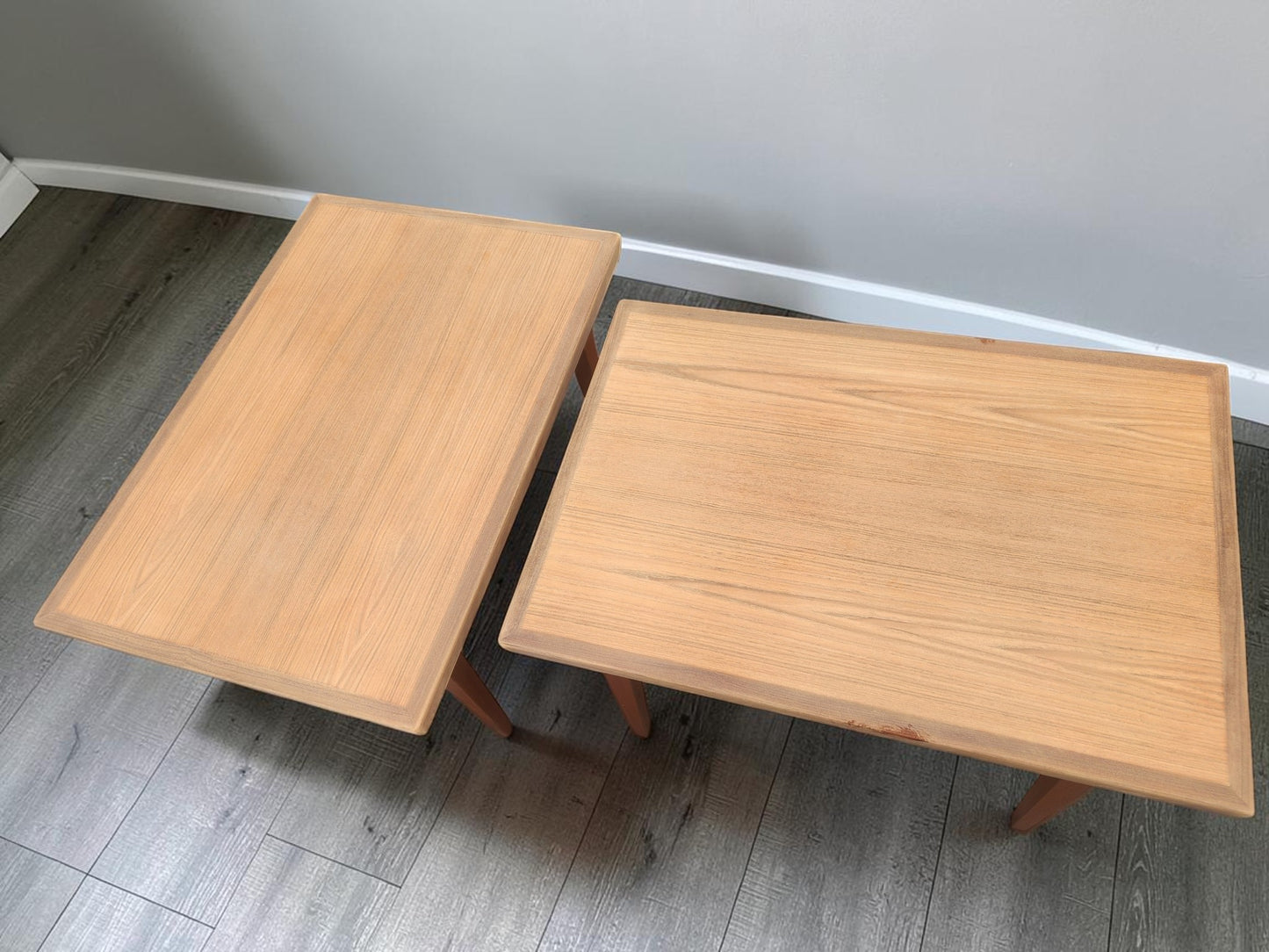 2 REFINISHED Mid Century Modern Teak Accent Tables w Cane Shelves