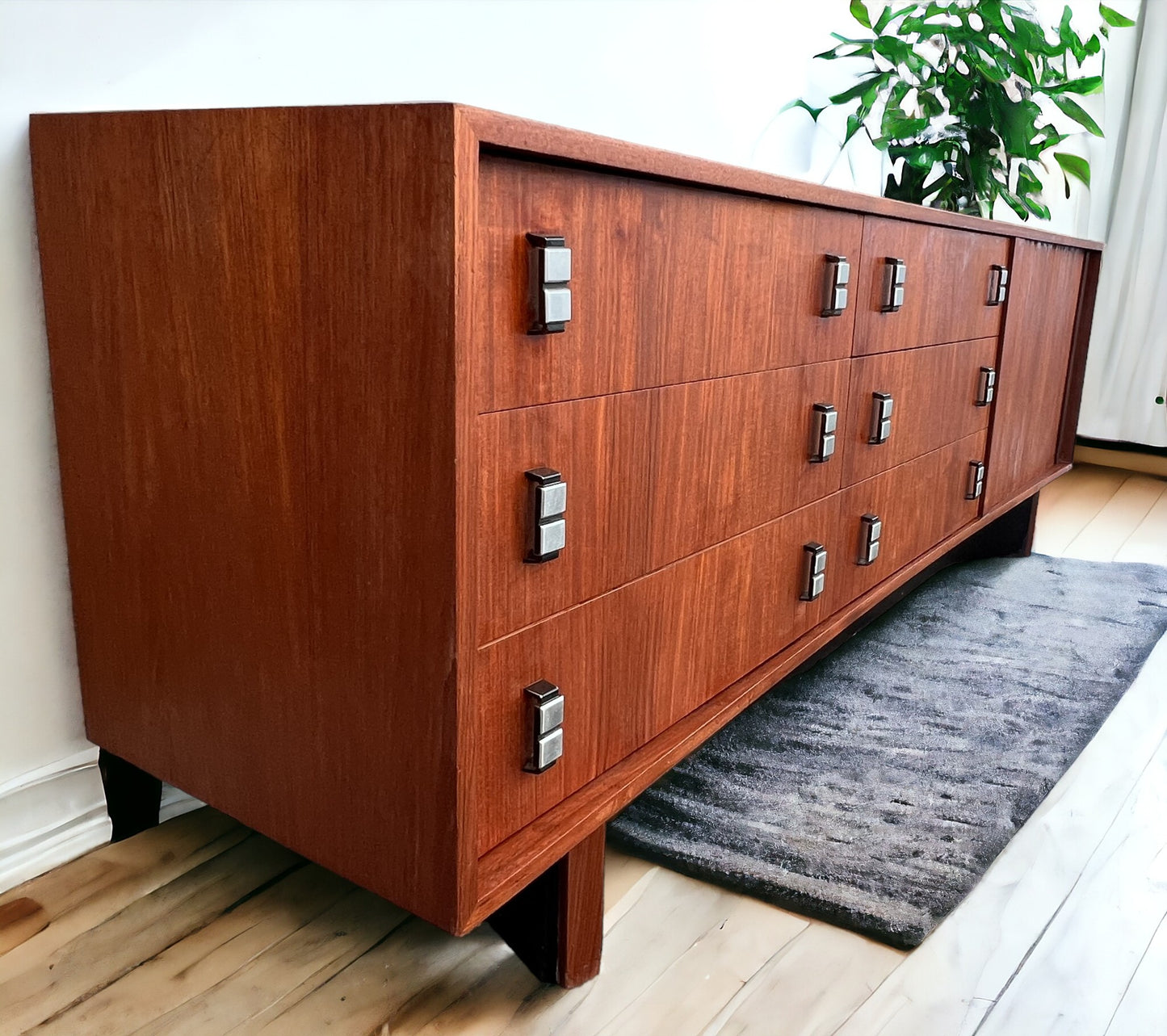 REFINISHED Mid Century Modern Teak Credenza w Tambour Door by RS Associates 78"
