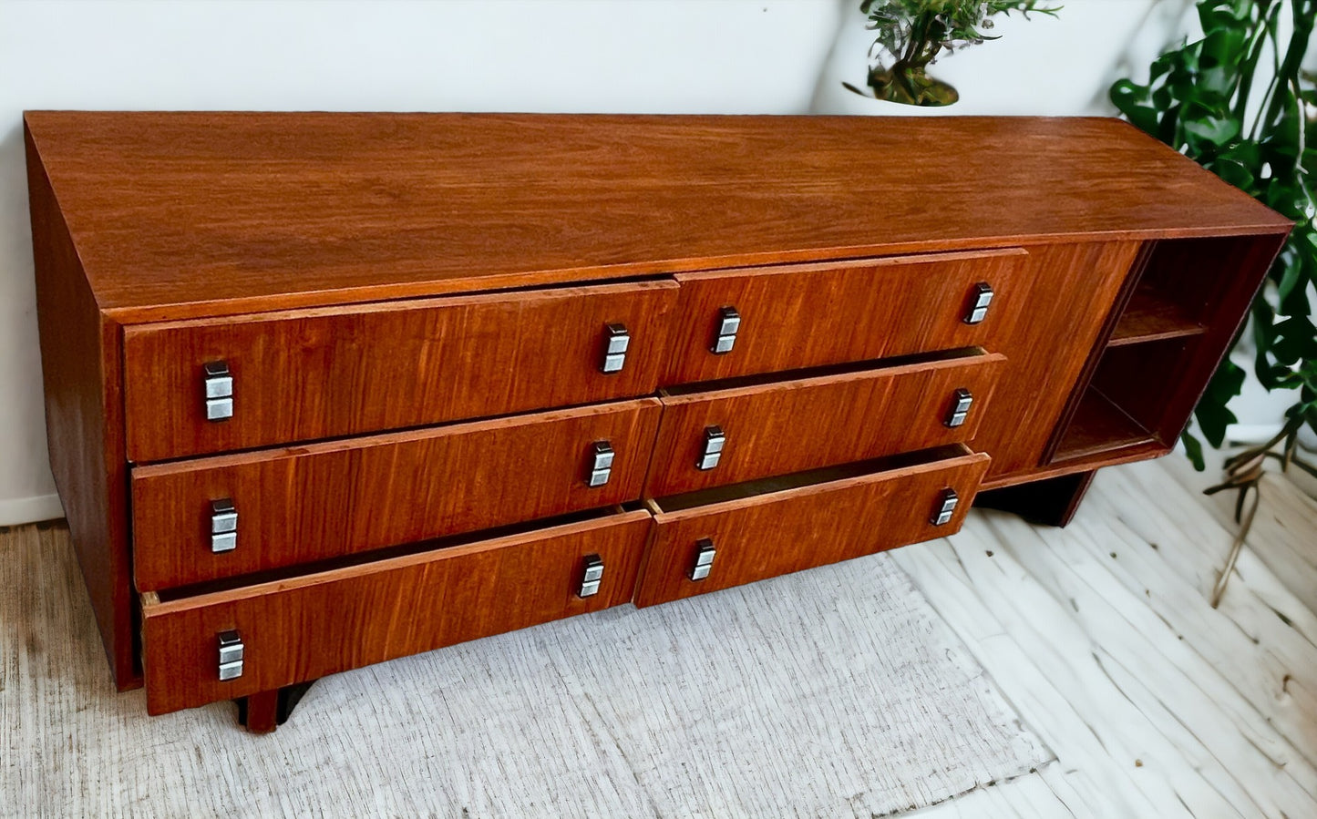 REFINISHED Mid Century Modern Teak Credenza w Tambour Door by RS Associates 78"