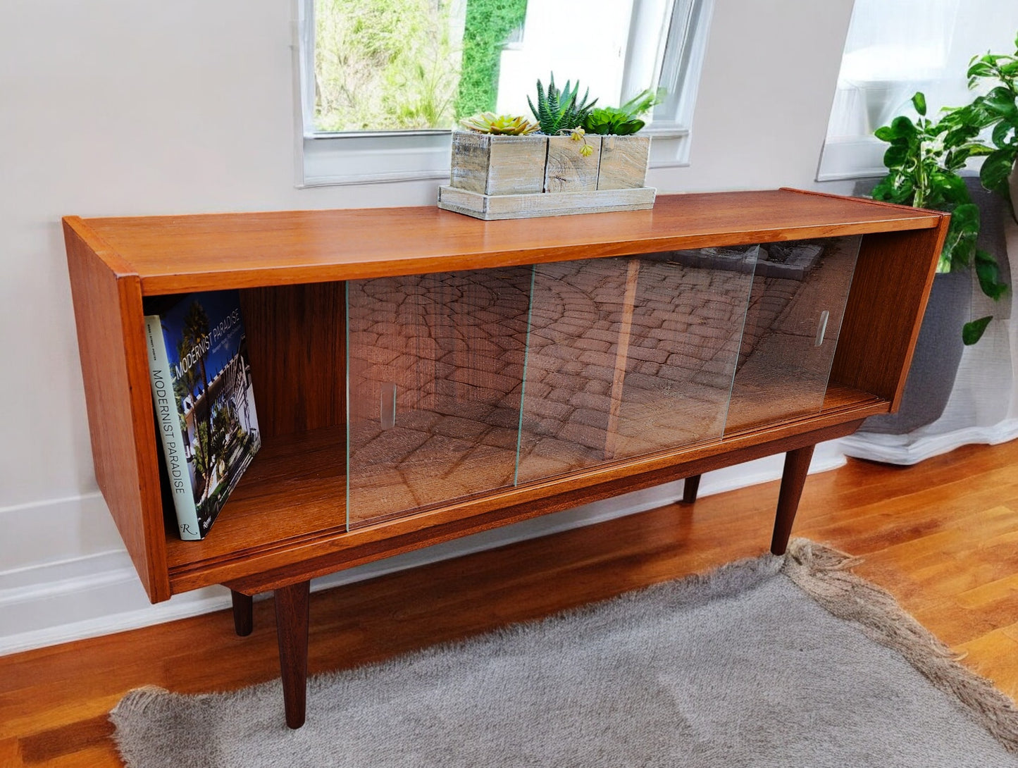 REFINISHED Mid Century Modern Teak Display Bookcase 48"
