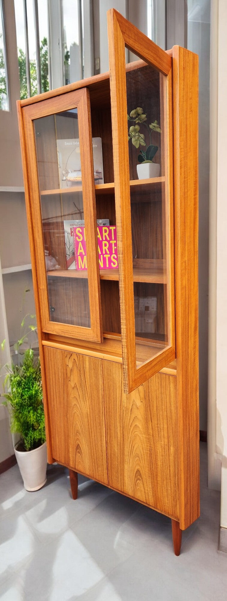 RESTORED Mid Century Modern Teak Lighted Corner Cabinet