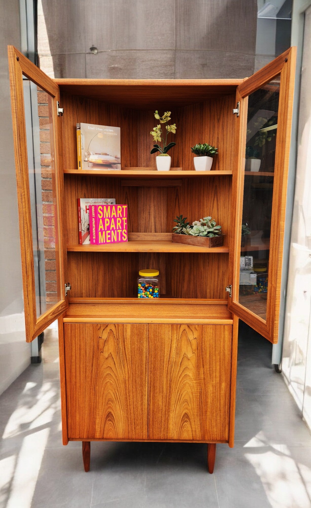 RESTORED Mid Century Modern Teak Lighted Corner Cabinet