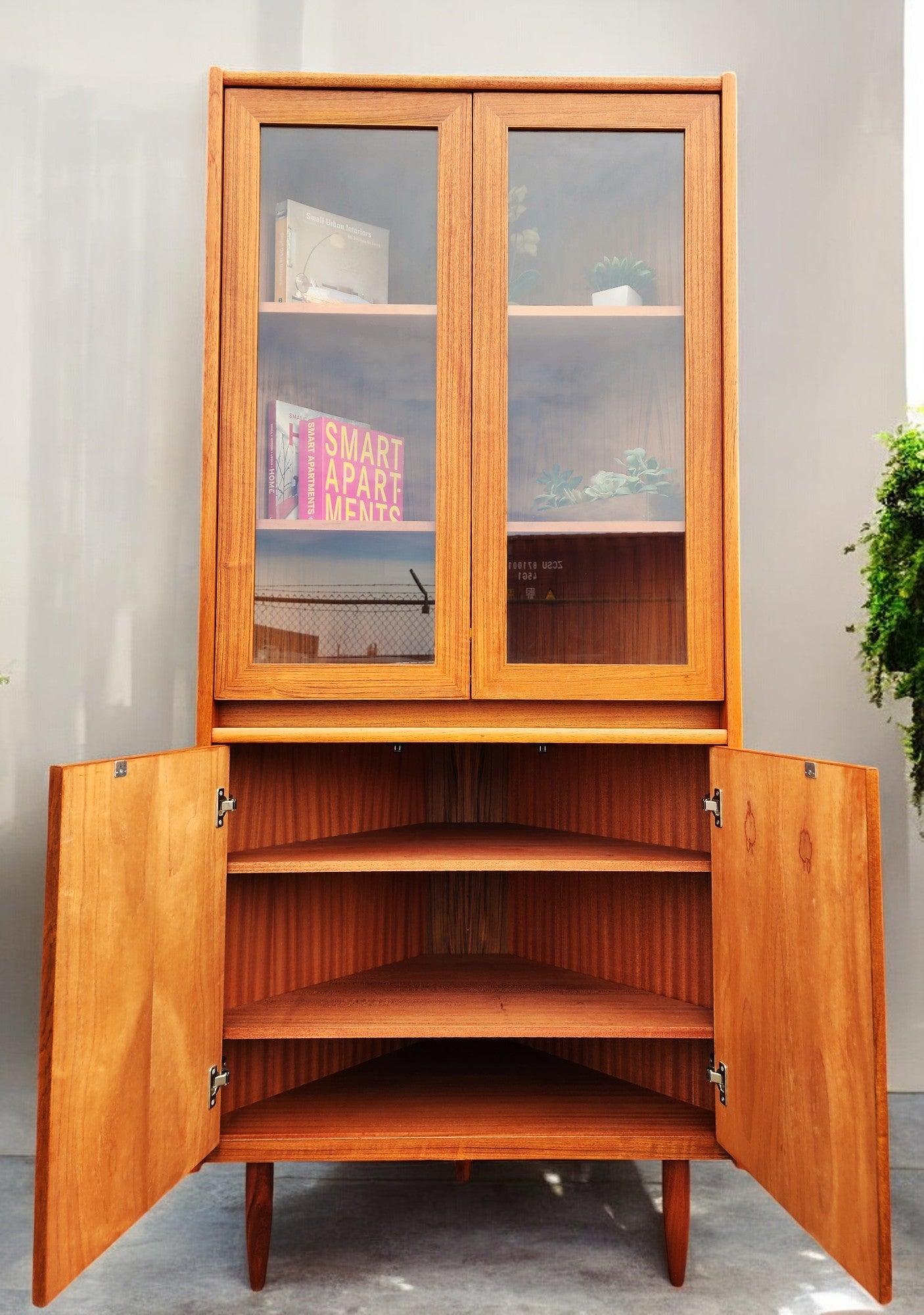 RESTORED Mid Century Modern Teak Lighted Corner Cabinet