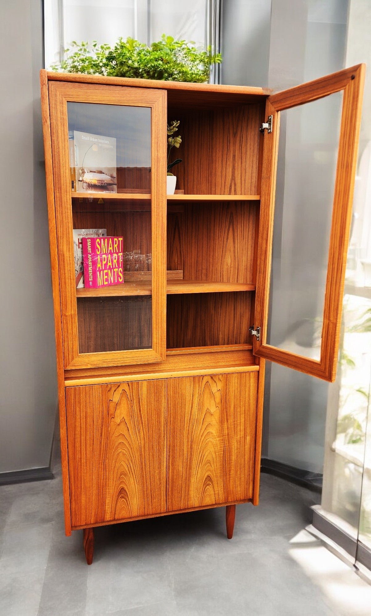 RESTORED Mid Century Modern Teak Lighted Corner Cabinet