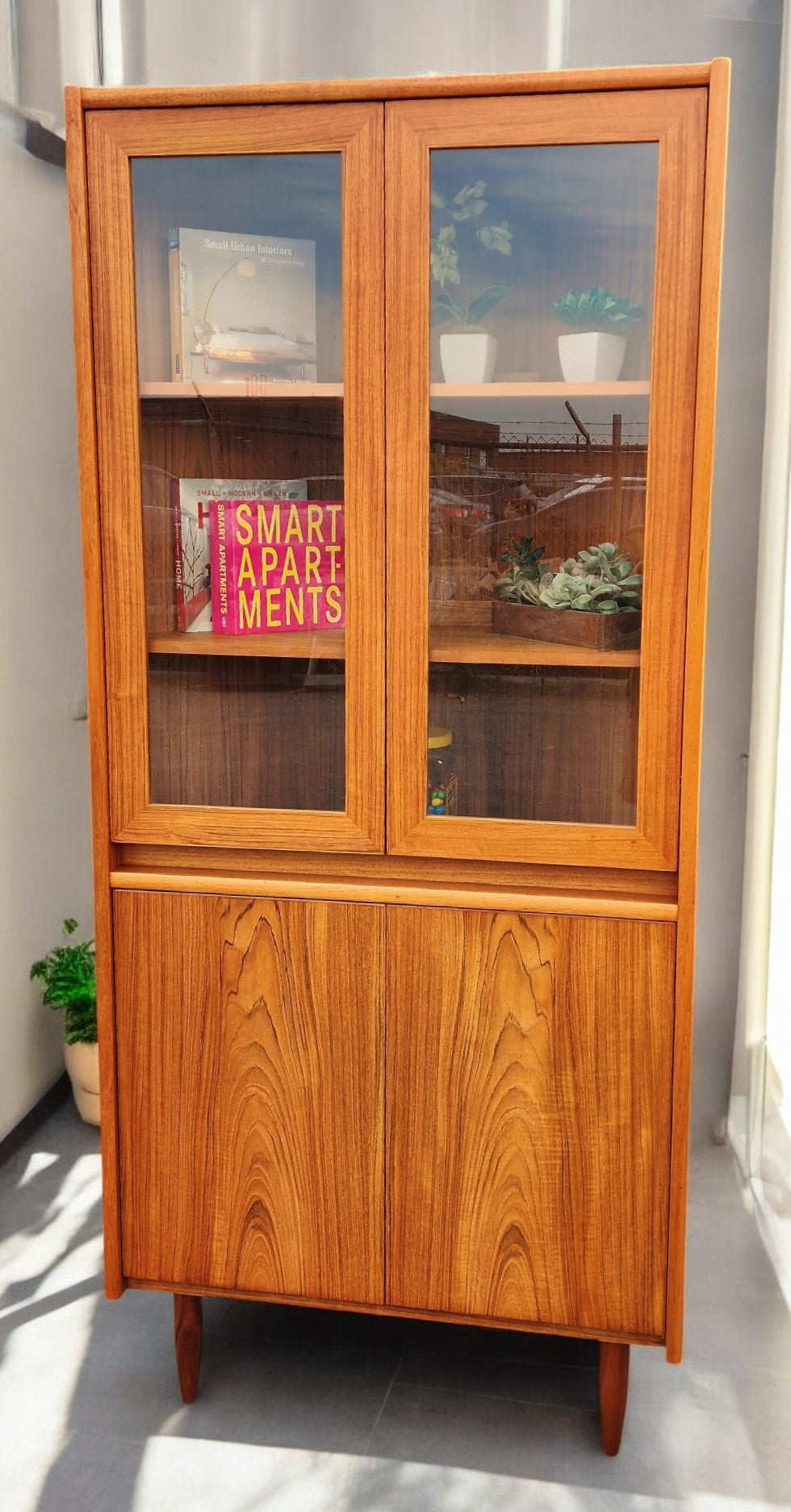 RESTORED Mid Century Modern Teak Lighted Corner Cabinet