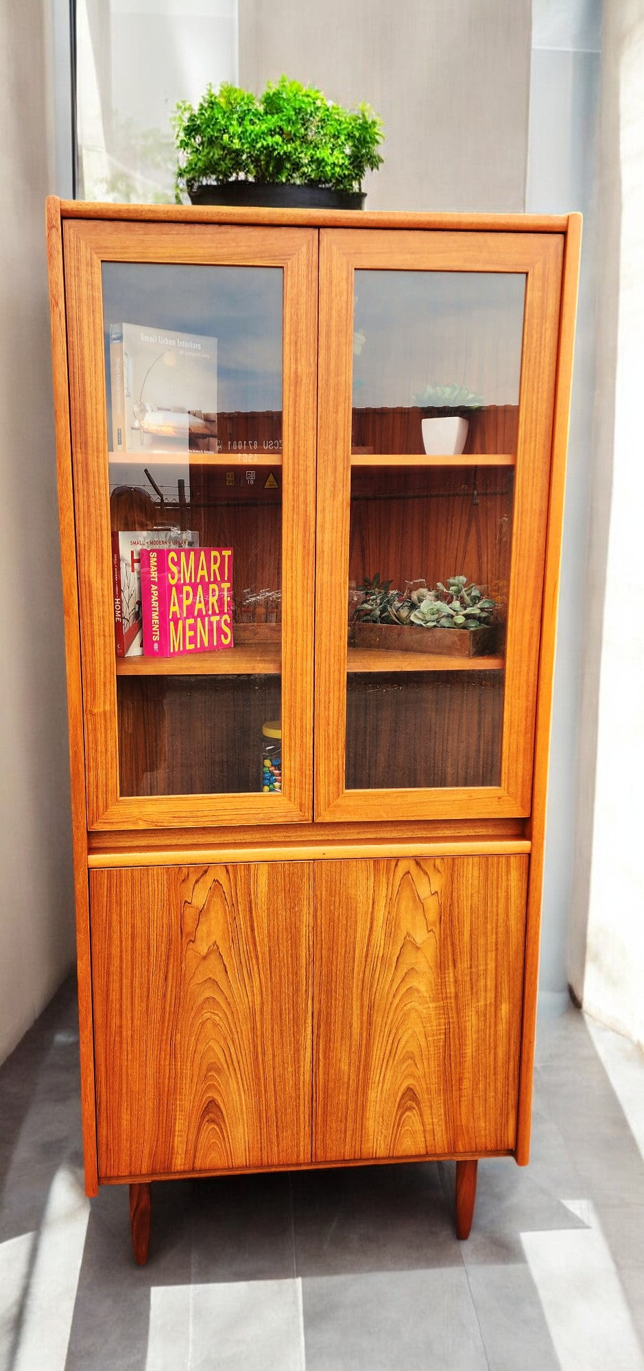 RESTORED Mid Century Modern Teak Lighted Corner Cabinet