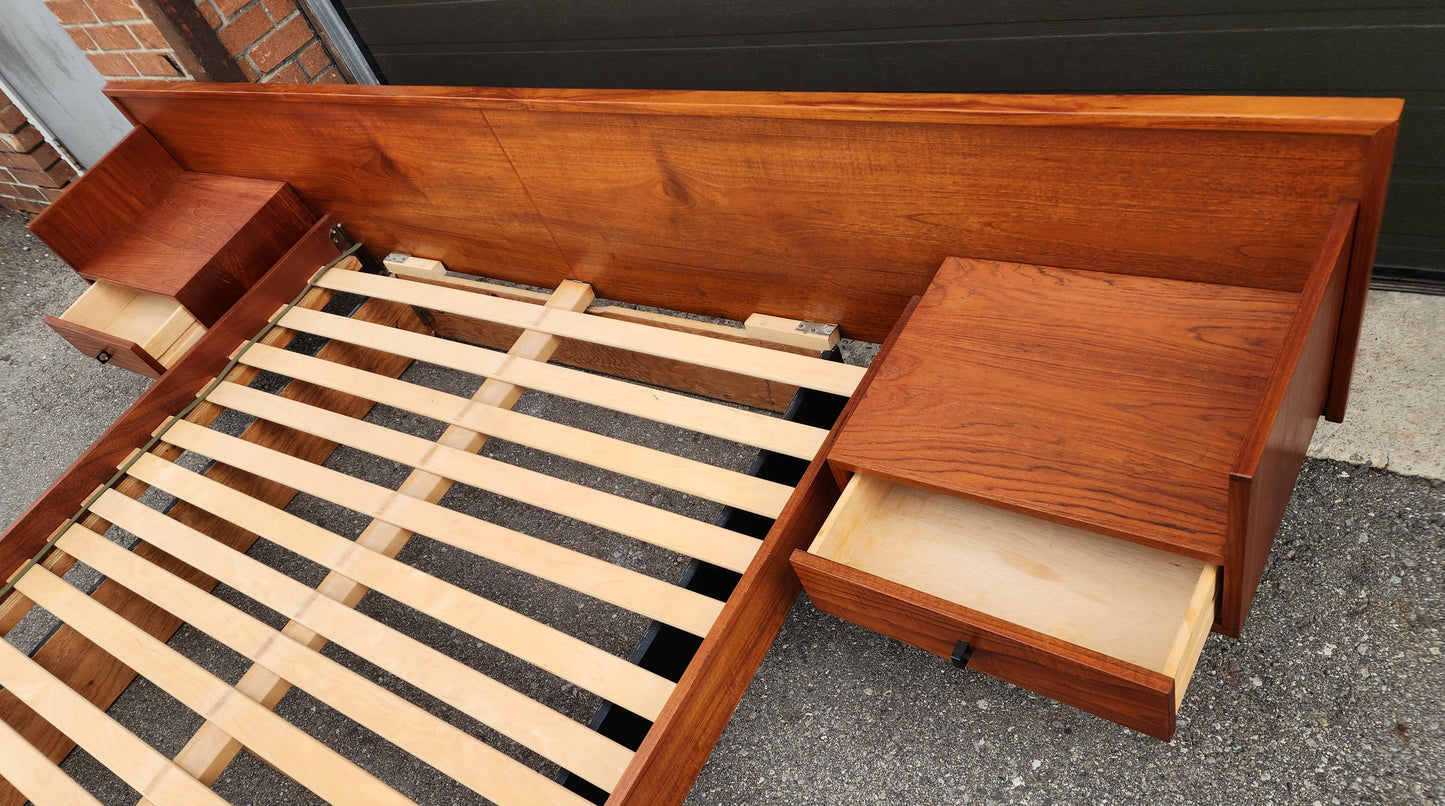 REFINISHED Mid Century Modern Teak Queen Bed w Nightstands Floating Style