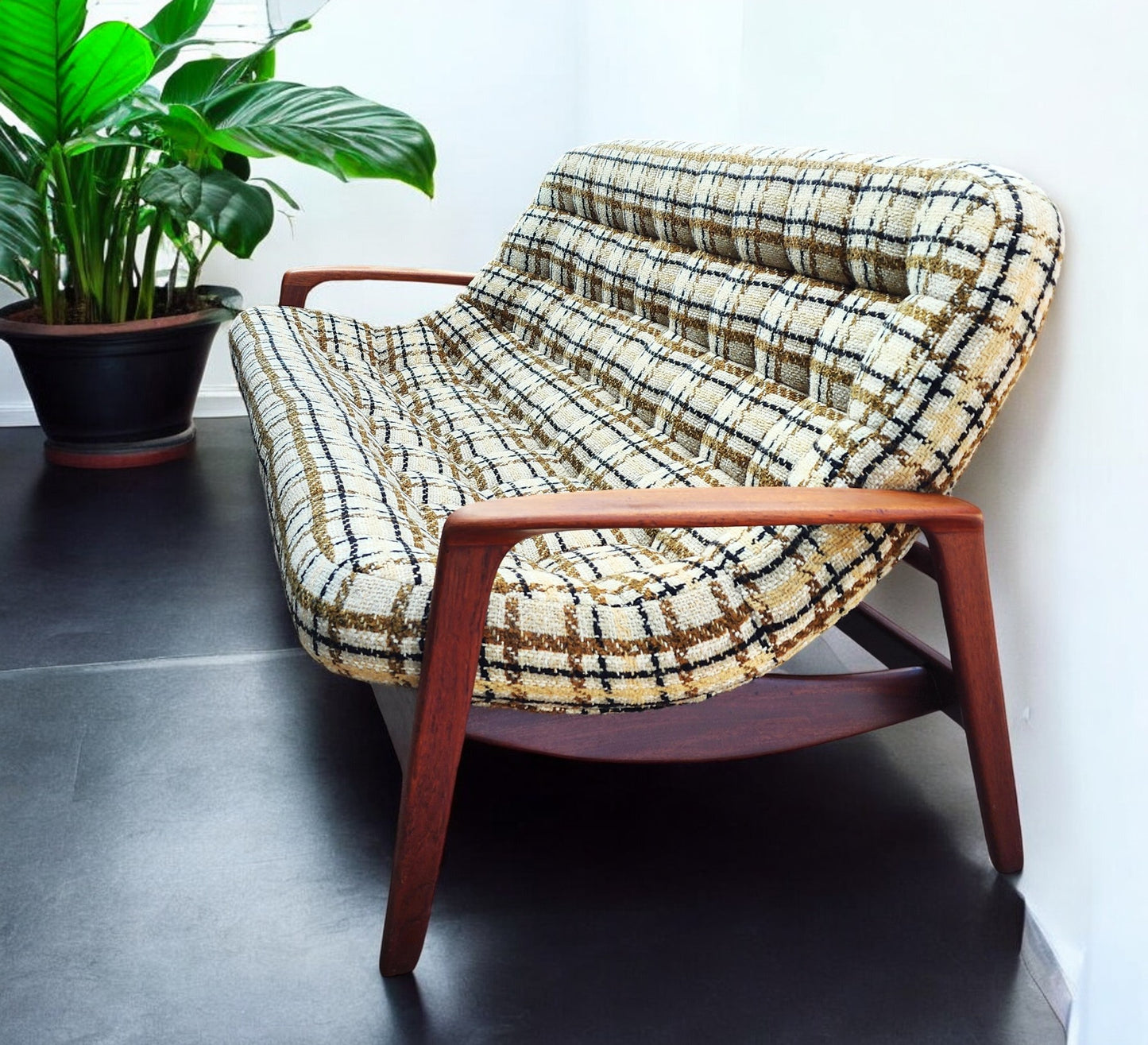 REFINISHED Mid Century Modern R.Huber Teak Scoop Sofa